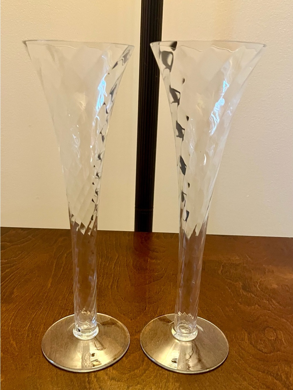 Set of Two Hand Blown Hollow Stem Champagne Glasses
